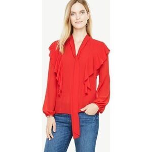 Ann Taylor Blouse Top‎ Womens Size Small Red Tie Neck Ruffle Long Sleeve Chiffon